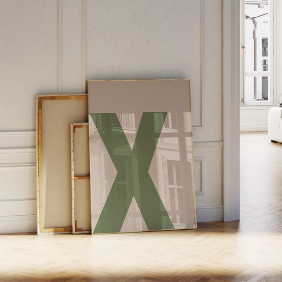 Green Letter Print Capital Initial X Wall Art Trendy Alphabet Poster Minimal Monogram