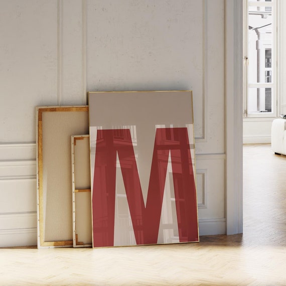 Letter M Print Redbeige Initial Wall Art Bold Alphabet Poster For Nurserykidsdormcollegeofficebedroomliving Room