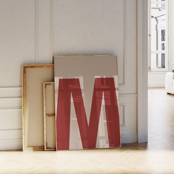 Letter M Red Serif Initial Monogram Beige Modern Alphabet Poster