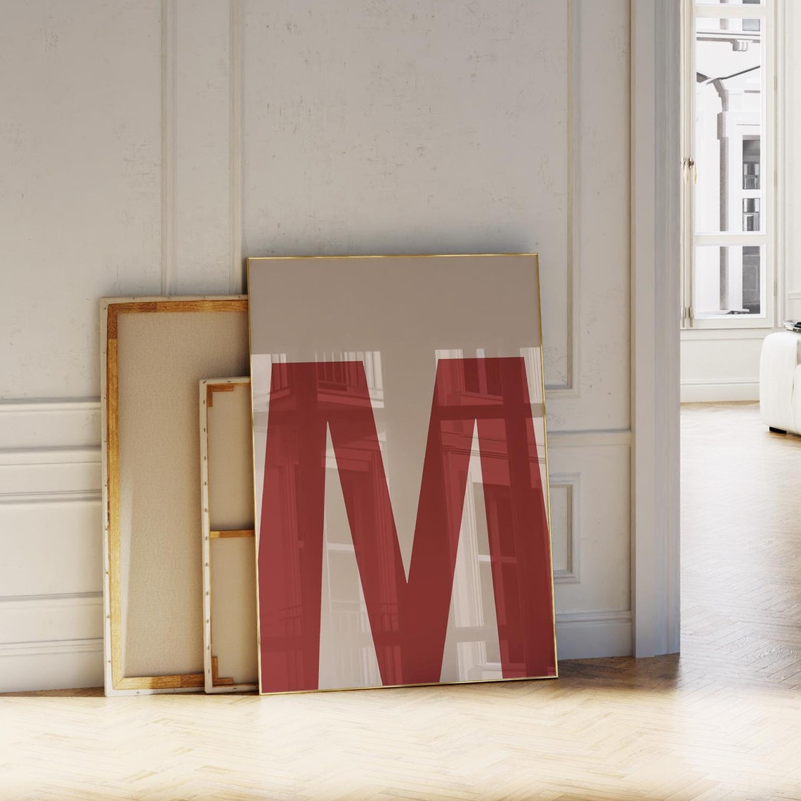 Letter M Red Serif Initial Monogram Beige Modern Alphabet Poster