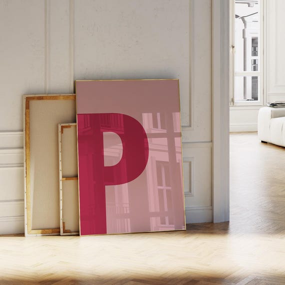 Pink Letter P Print Bold Alphabet Wall Art Minimalist Initial Poster For Girls Room