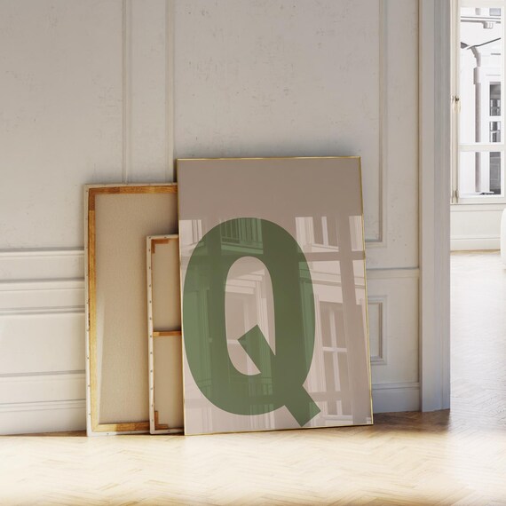 Oversized Sage Green Letter Q Monogram Beige Modern Wall Art