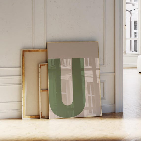 Green Letter Print U Wall Art And Beige Alphabet Poster For Minimalist Trendy