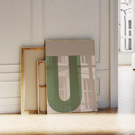 Oversized Sage Green Letter U Monogram Beige Modern Wall Art