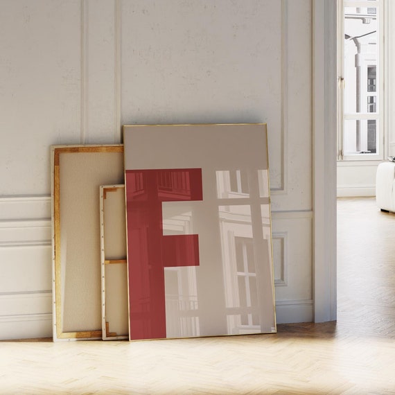 Letter F Print Redbeige Initial Wall Art Bold Alphabet Poster For Nurserykidsdormcollegeofficebedroomliving Room