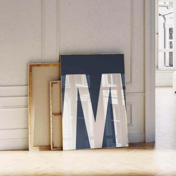 Navy Blue Letter M Wall Art Initial Print For Nursery Alphabet Poster