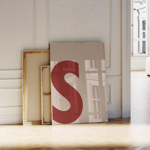 Letter S Print Redbeige Initial Wall Art Bold Alphabet Poster For Nurserykidsdormcollegeofficebedroomliving Room