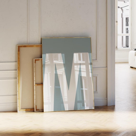 M Letter Print Blue Alphabet Wall Art Initial For Kids Minimalist