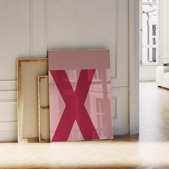 Crimson Red Letter X on Blush Pink Minimalist Initial Poster