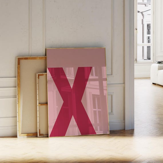 Pink Initial X Print Letter Sign For Girls Minimalist Poster Preppy Wallart Alphabet
