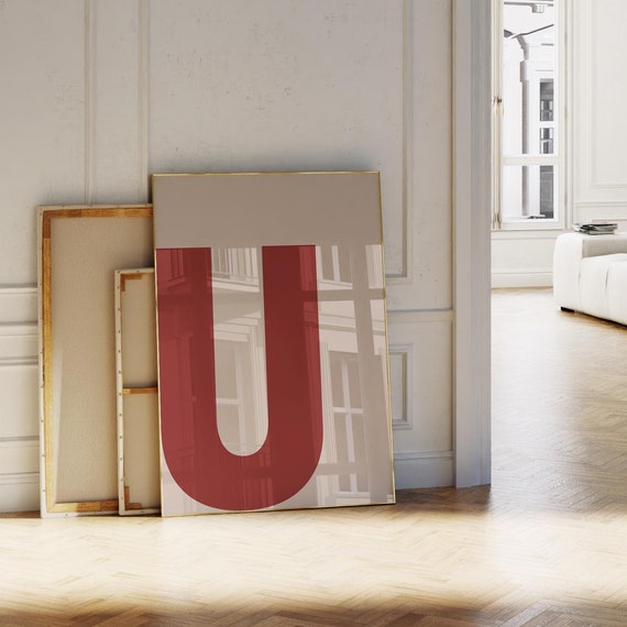 Letter U Print Redbeige Initial Wall Art Bold Alphabet Poster For Nurserykidsdormcollegeofficebedroomliving Room