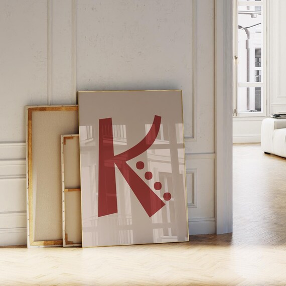 Red Letter K Abstract Initial Cutout Art Poster Beige Minimalist Decor