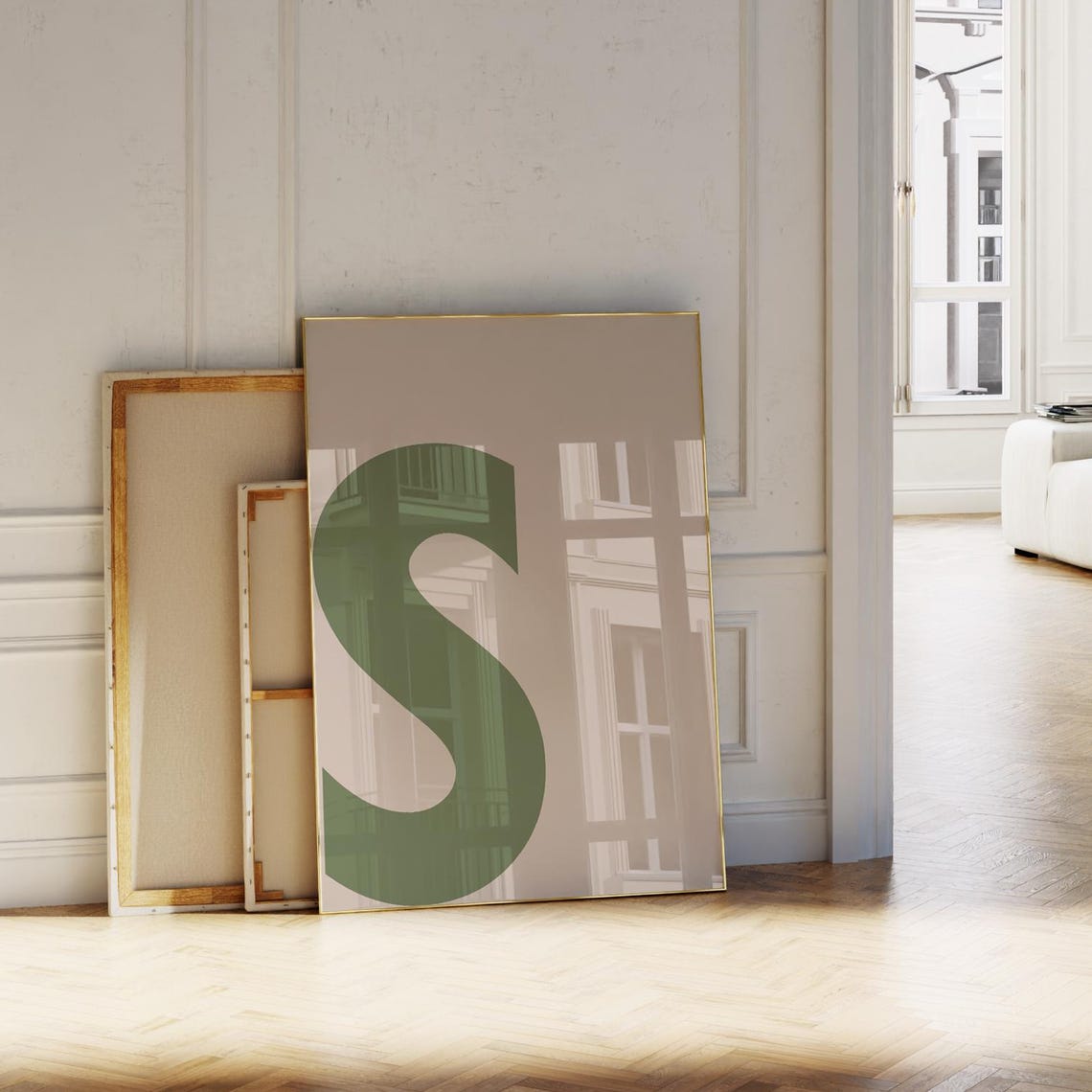 Oversized Sage Green Letter S Monogram Beige Modern Wall Art