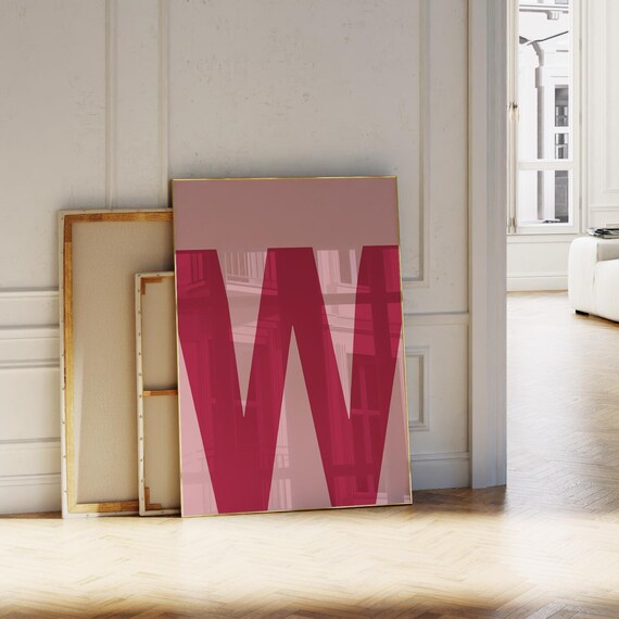 Crimson Red Letter W on Blush Pink Minimalist Initial Poster