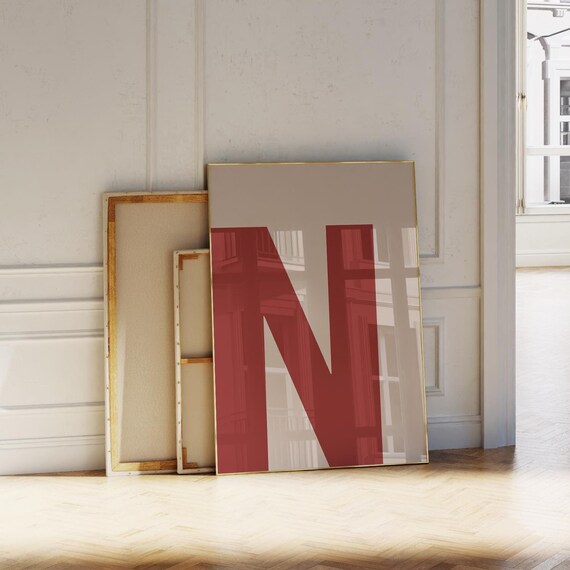 Bold Letter N Minimalist Beige Burgundy Typography Art Poster