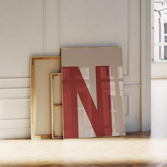 Letter N Print Redbeige Initial Wall Art Bold Alphabet Poster For Nurserykidsdormcollegeofficebedroomliving Room