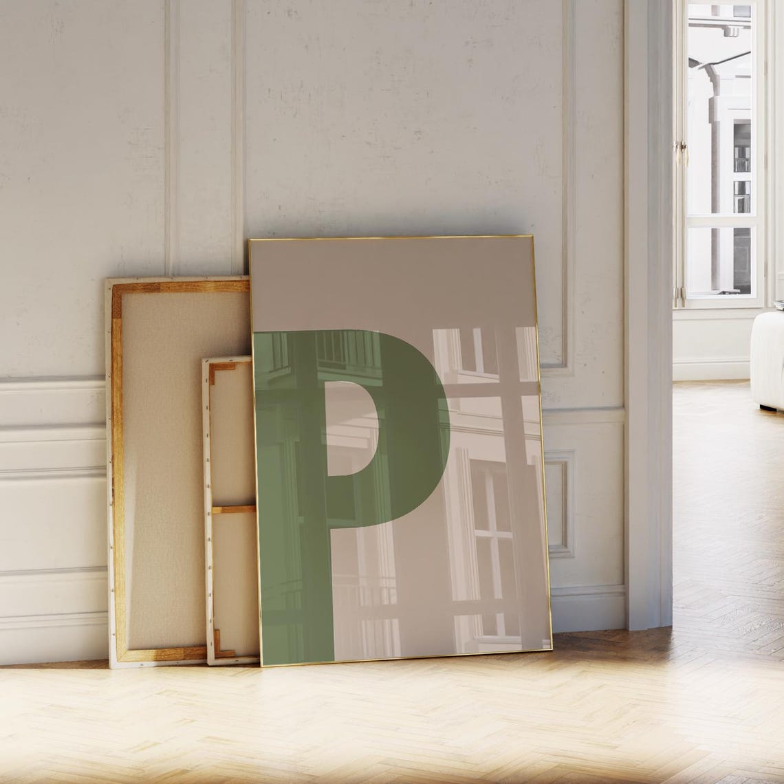 Oversized Sage Green Letter P Monogram Beige Modern Wall Art
