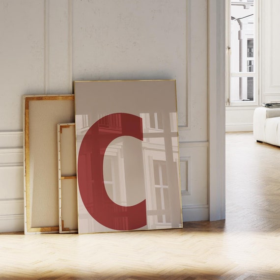 Letter C Print Redbeige Initial Wall Art Bold Alphabet Poster For Nurserykidsdormcollegeofficebedroomliving Room