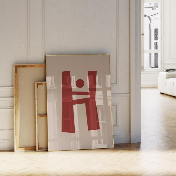 Red Letter H Abstract Initial Cutout Art Poster Beige Minimalist Wall Decor