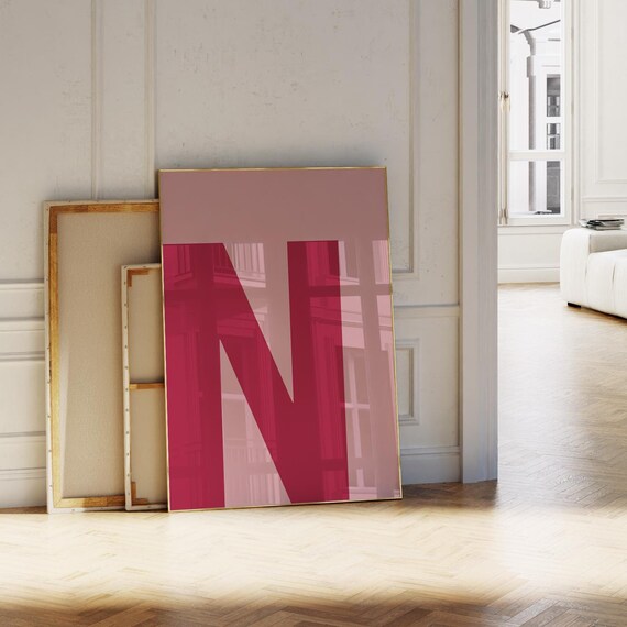 Red Letter N Typography Print Bold Modern Initial Monogram Decor