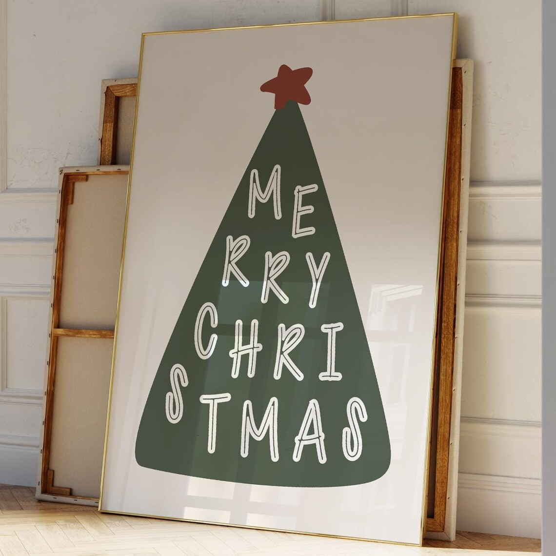 Merry Christmas Tree Green Typography Red Star Holiday Wall Poster