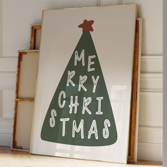 Merry Christmas Tree Green Typography Red Star Holiday Wall Poster