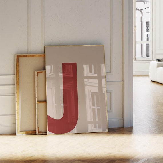 Letter J Print Redbeige Initial Wall Art Bold Alphabet Poster For Nurserykidsdormcollegeofficebedroomliving Room