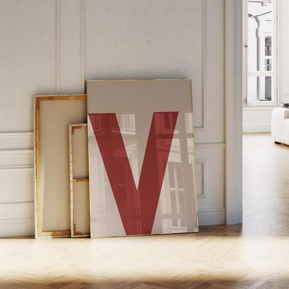 Letter V Print Redbeige Initial Wall Art Bold Alphabet Poster For Nurserykidsdormcollegeofficebedroomliving Room