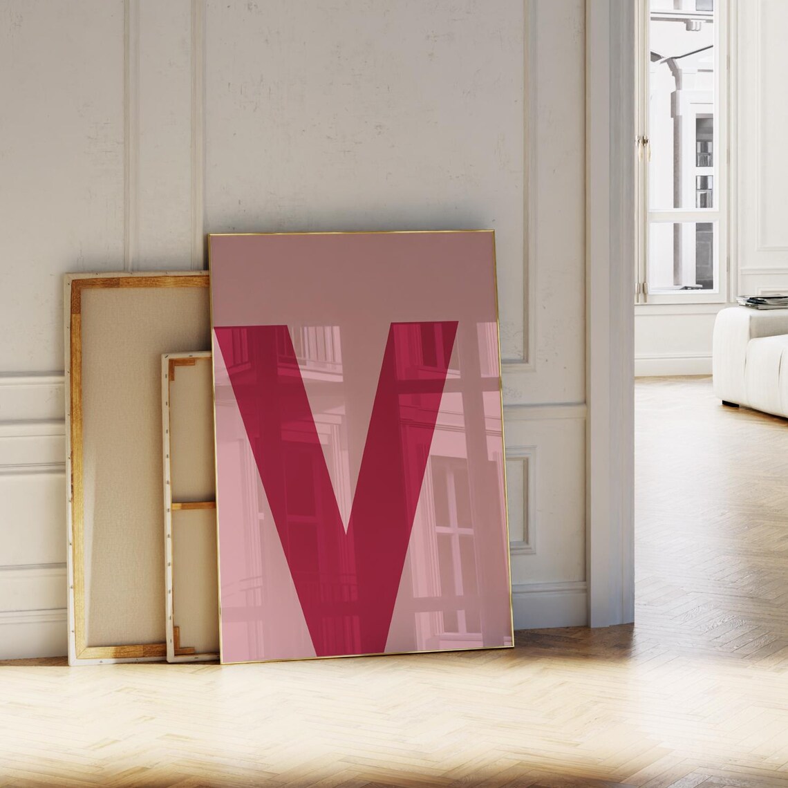 Crimson Red Letter V on Blush Pink Minimalist Initial Poster