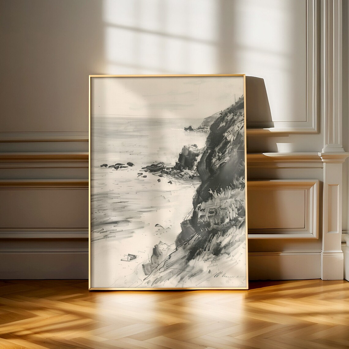 Vintage Coastal Landscape Charcoal Sketch Art Print