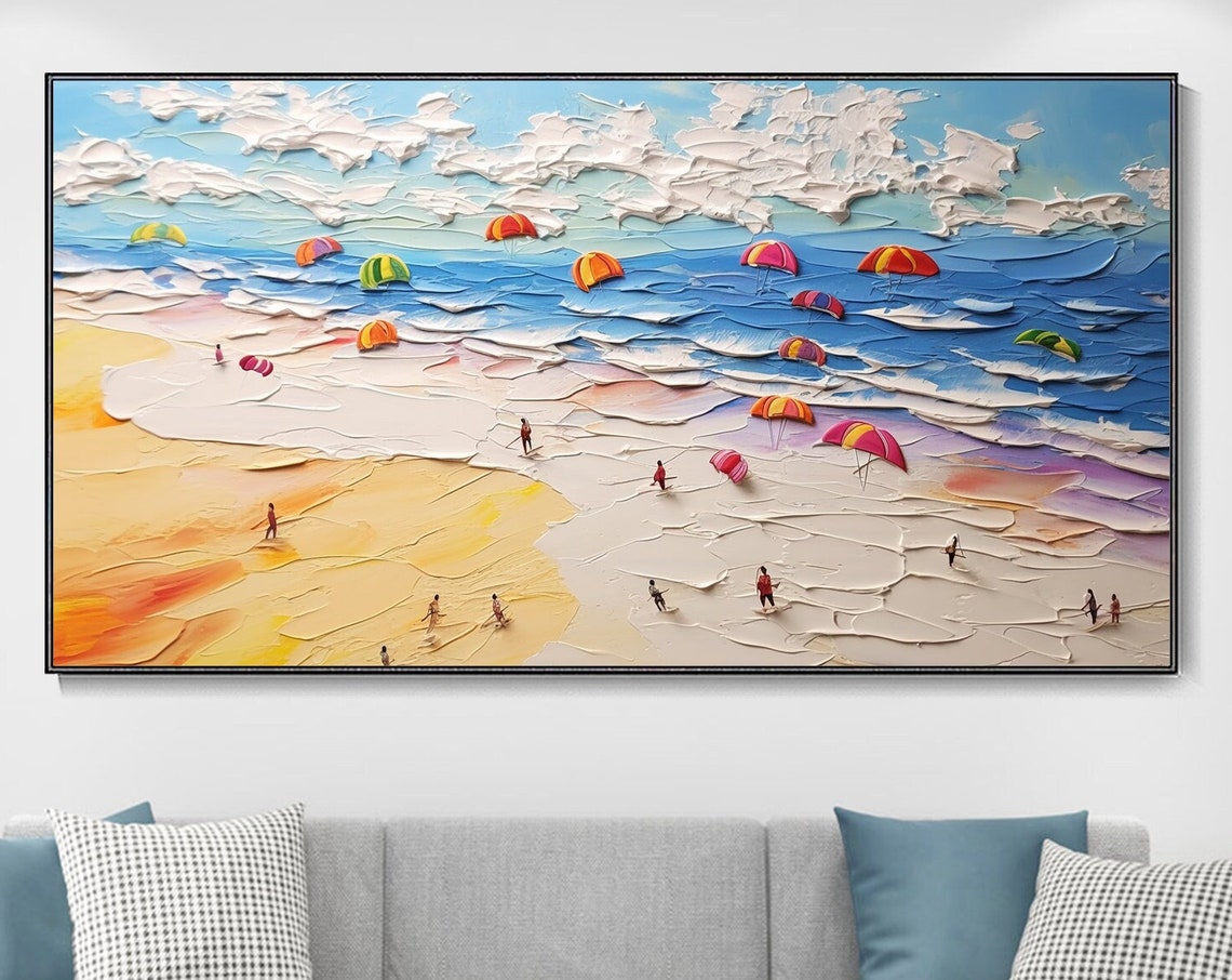 Beach Paragliders Colorful Parachutes Ocean Waves Fun Wall Art