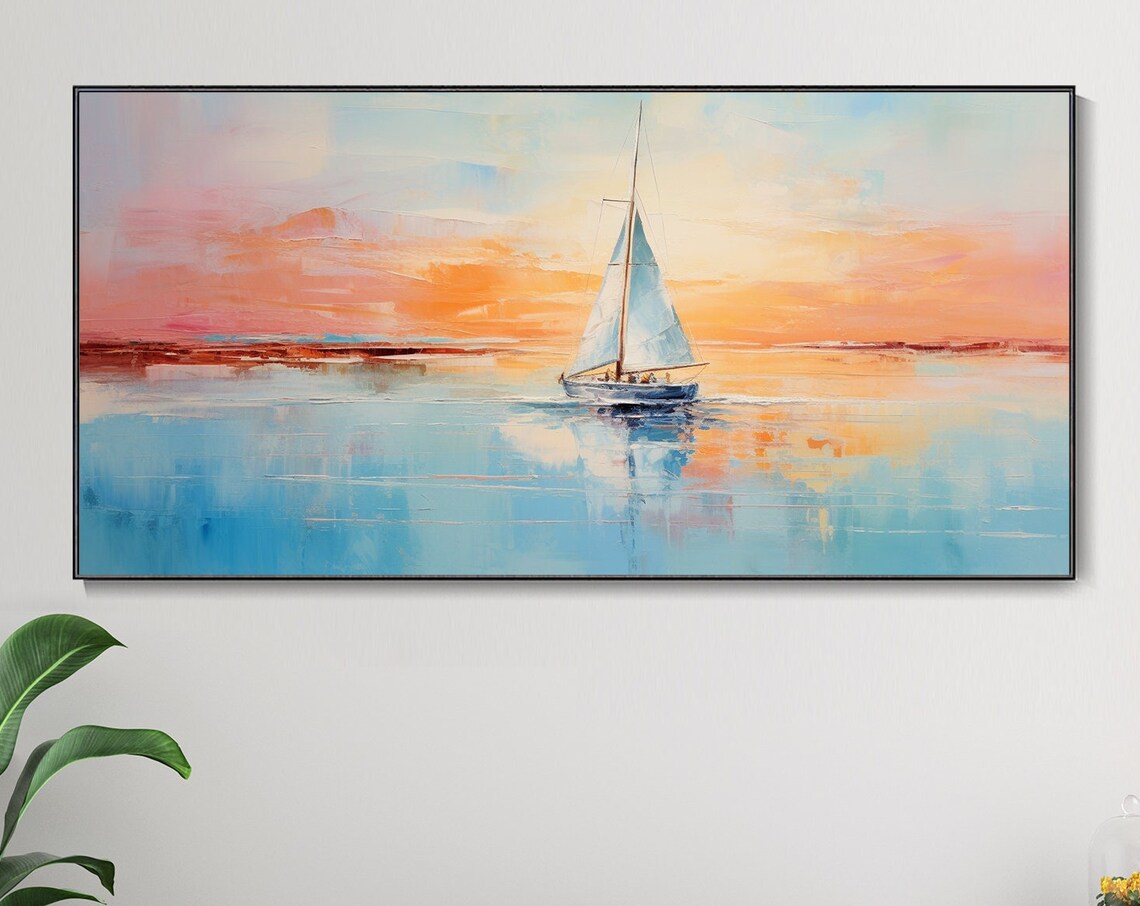 Lone Sailboat Sunrise Calm Sea Pastel Sky Minimalist Wall Art