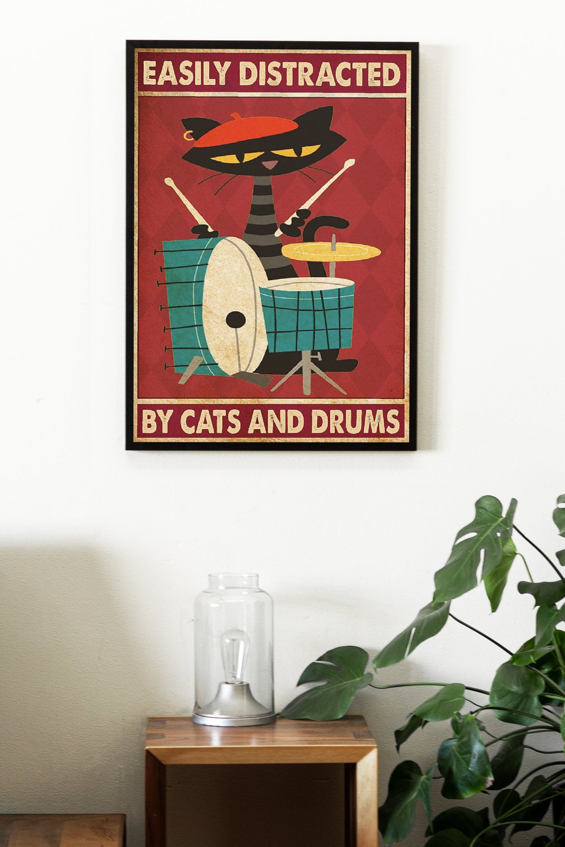 Easily Distracted by Cats and Drums Cartoon Black Cat Poster - Image 3