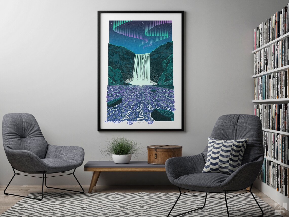 Skogafoss Aurora Iceland Travel Poster, Waterfall - Image 2