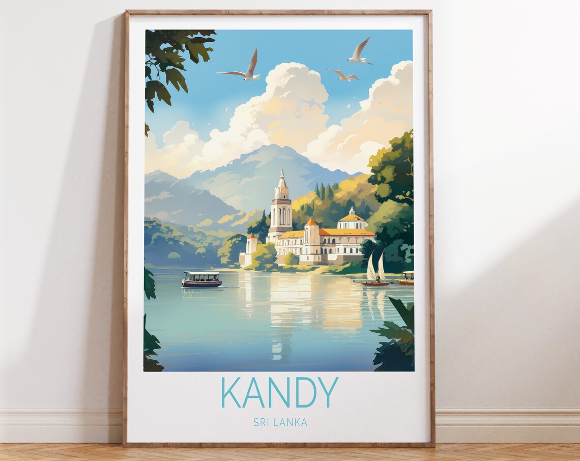 Kandy Sri Lanka Sacred Lake Temple Golden Vintage Travel Poster