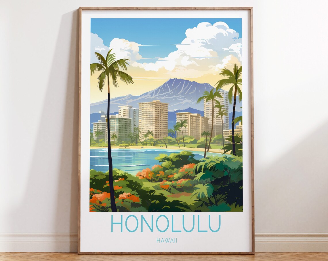 Honolulu Hawaii Diamond Head Waikiki Beach Palms Travel Poster