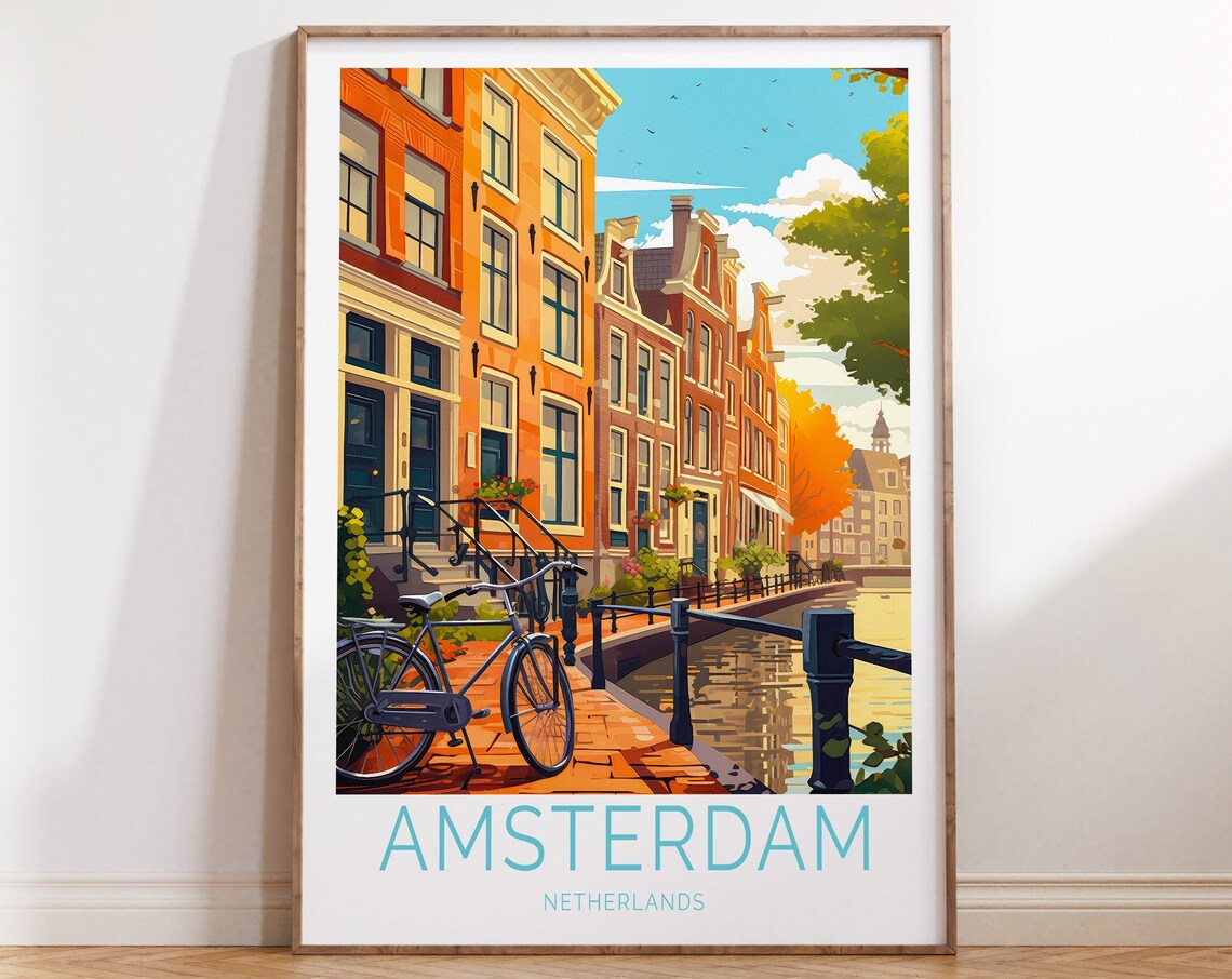 Amsterdam Canal Street With Bicycle in the Golden Light Travel Poster