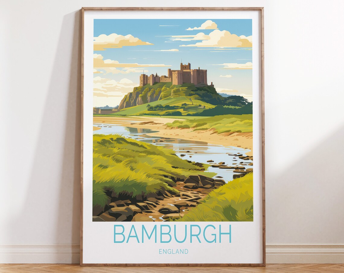 Bamburgh Castle England Coast Retro Illustration Travel Poster