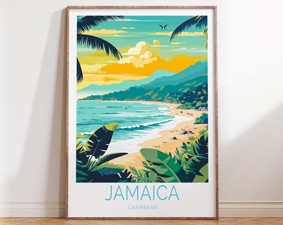Jamaica Caribbean Tropical Beach Palm Trees Scene Travel Poster