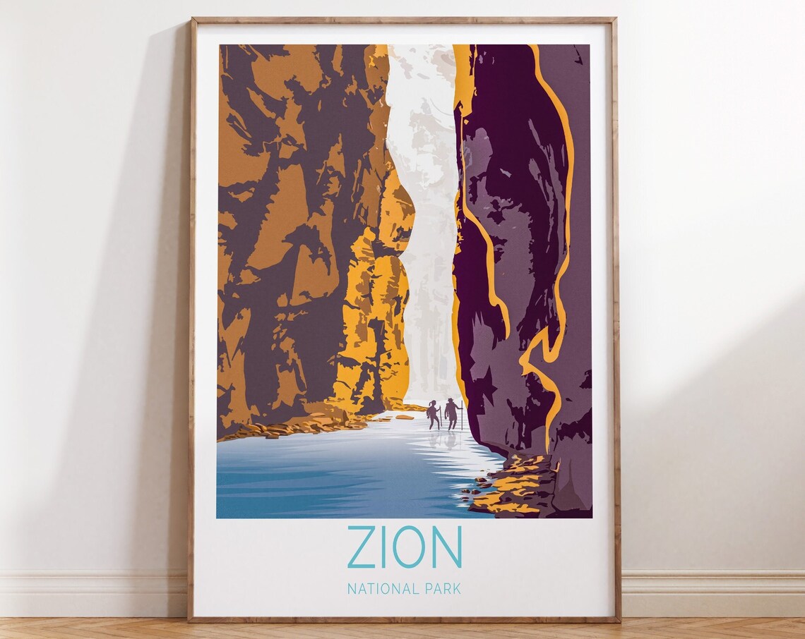 Zion National Park Narrows Canyon Hikers Retro Travel Poster