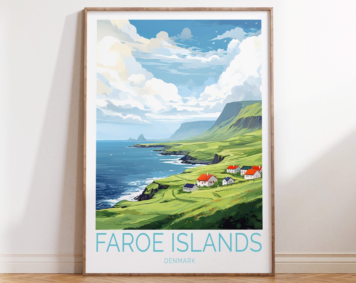 Faroe Islands Denmark Coastal Village Cliffs Nordic Travel Poster