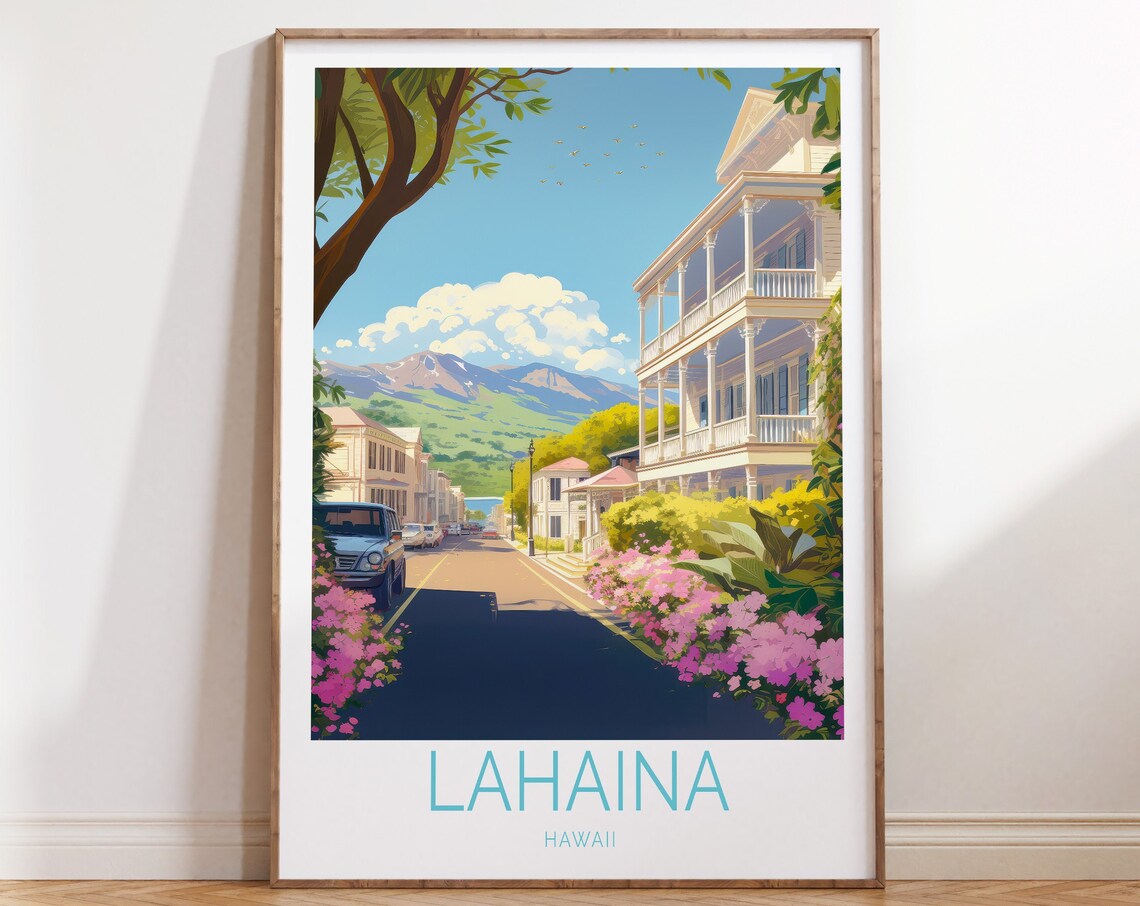 Lahaina Hawaii Coastal Travel Poster, Beach Wall Art