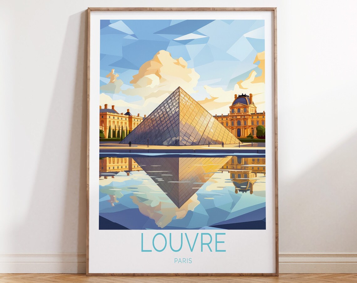 Louvre Pyramid Paris Golden Sunset Water Reflection Travel Poster