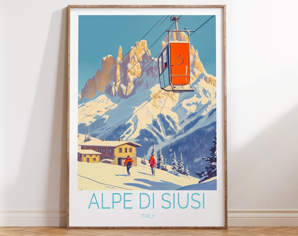 Alpe di Siusi Italy Cable Car Over Snowy Dolomites Travel Poster
