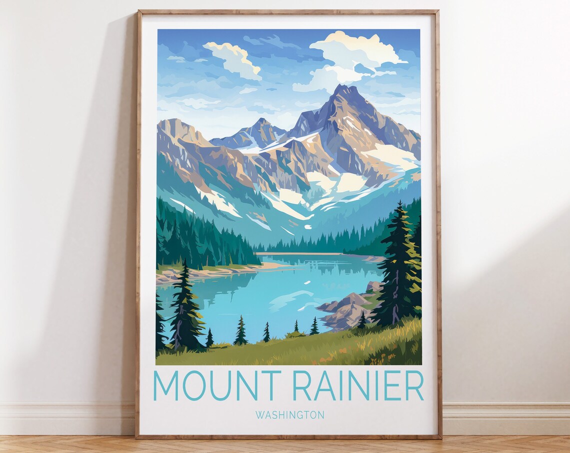 Mount Rainier Alpine Lake Reflection Snowy Retro Travel Poster