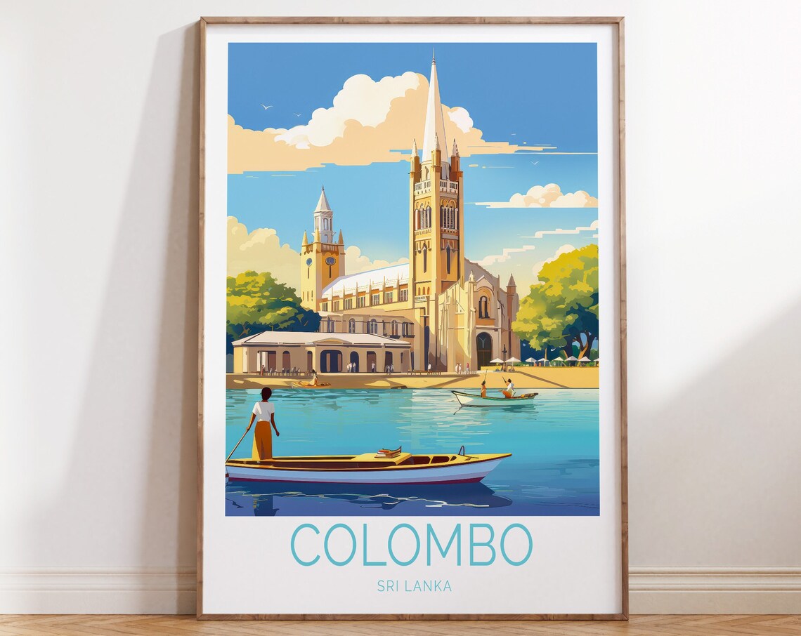 Colombo Sri Lanka Church by the Lagoon With Boats Travel Poster