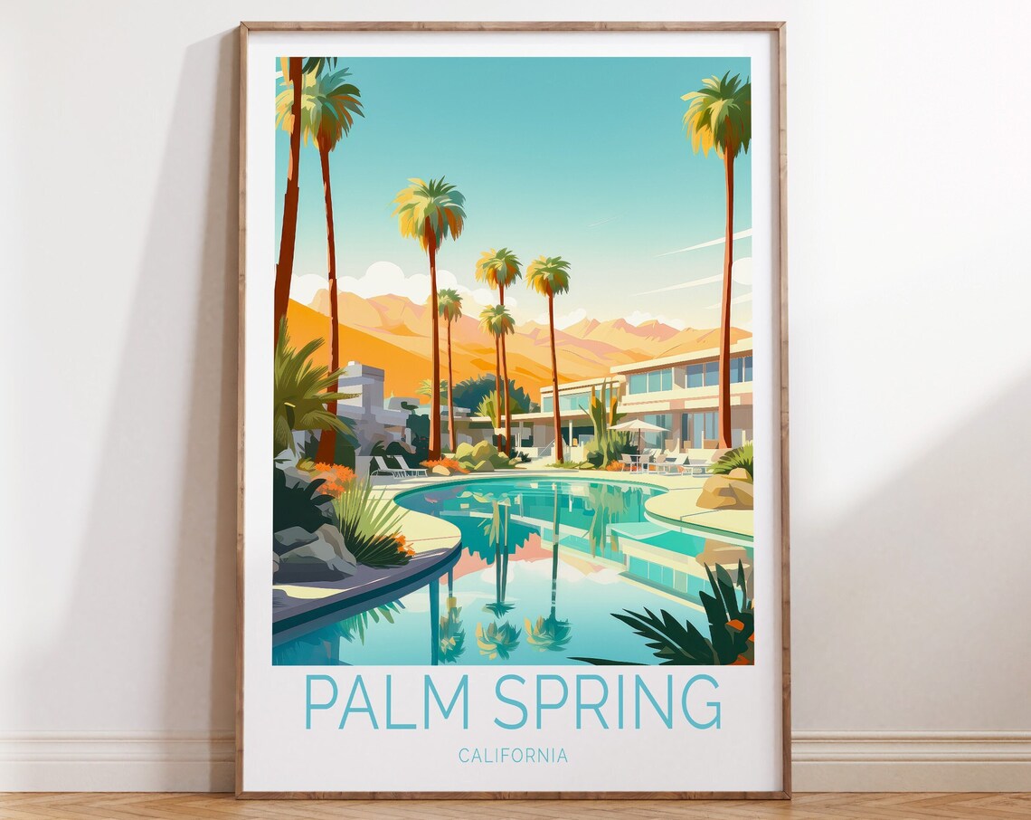 Retro Palm Spring California Desert Oasis Pool Palm Travel Poster
