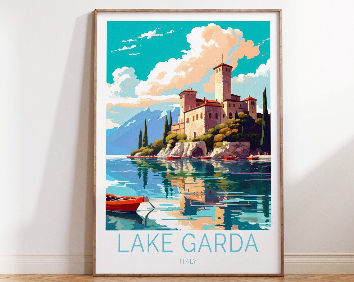 Lake Garda Italy Lakeside Castle Reflections Boats Mountains Poster