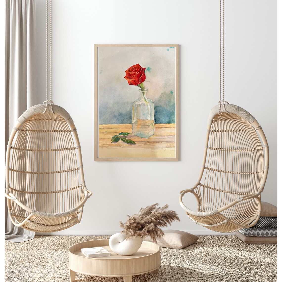 Single Red Rose in Glass Bottle Still Life Watercolor Painting Poster - Image 3