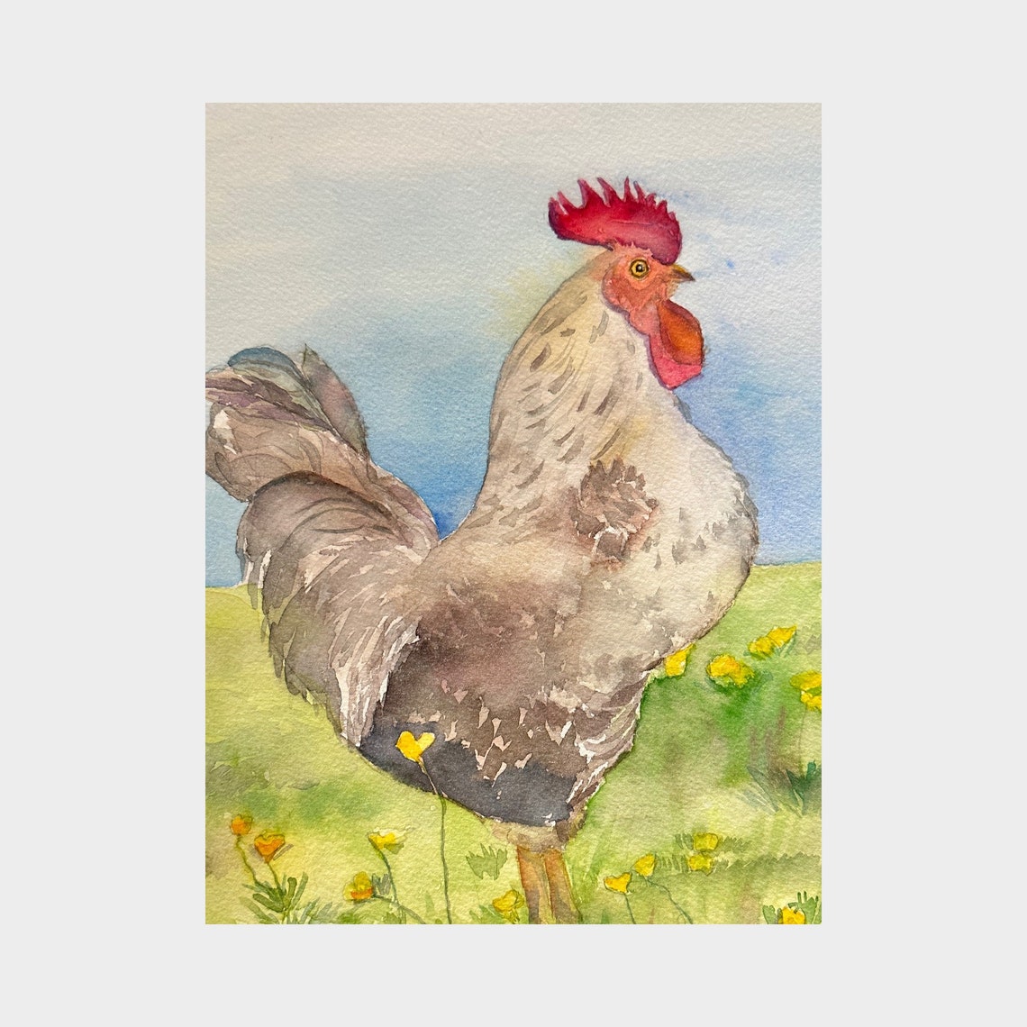 Proud Rooster in a Sunlit Wildflower Meadow Watercolor Poster - Image 2